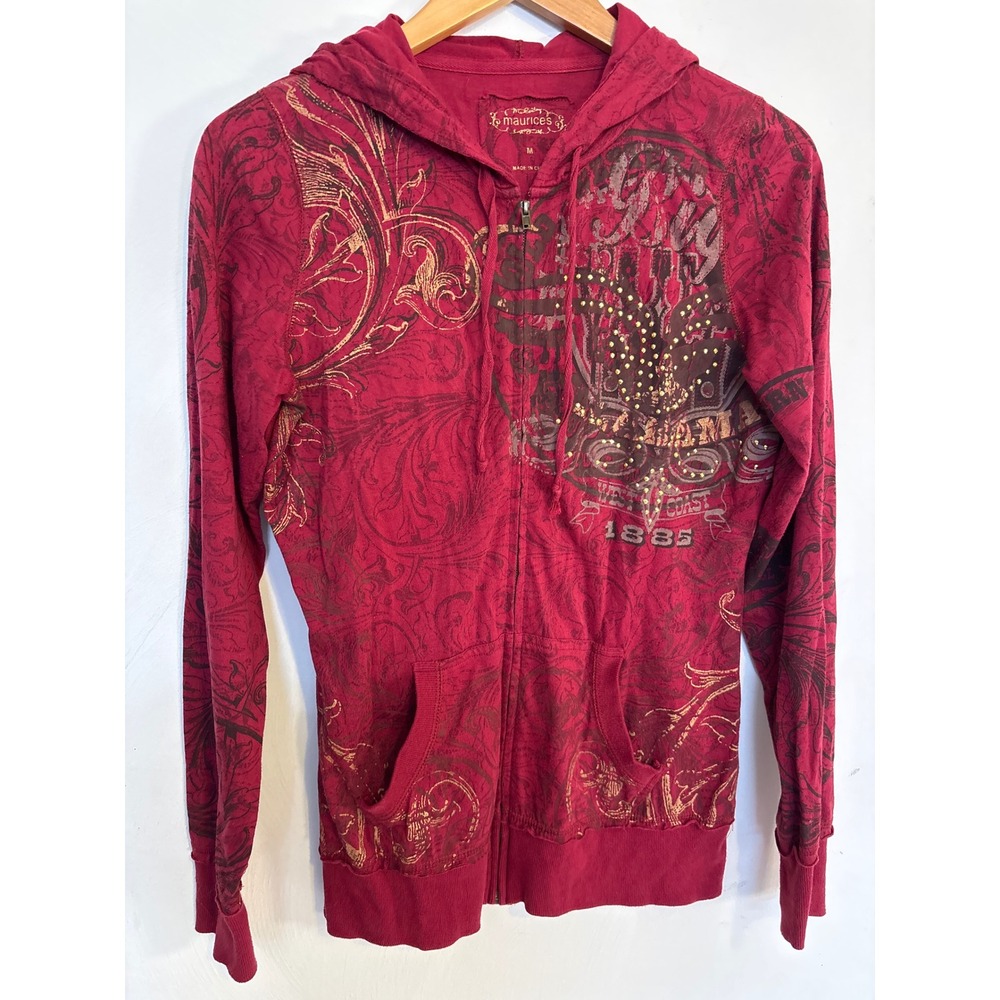 Maurices Red Filigree Graphic Zip Up Hoodie Studded Y2K Style Medium